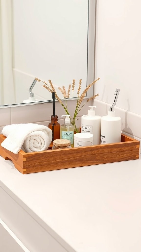 A rustic wooden tray on a bathroom counter, holding towels and beauty products.