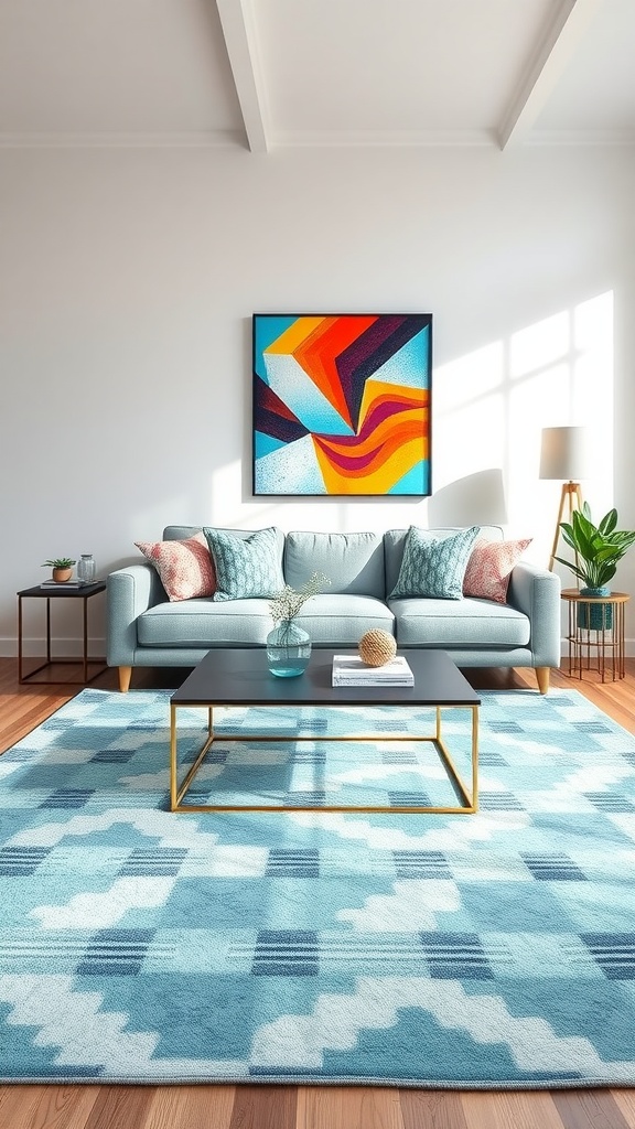A living room featuring a seafoam blue rug, soft blue sofa, colorful artwork, and wooden flooring.