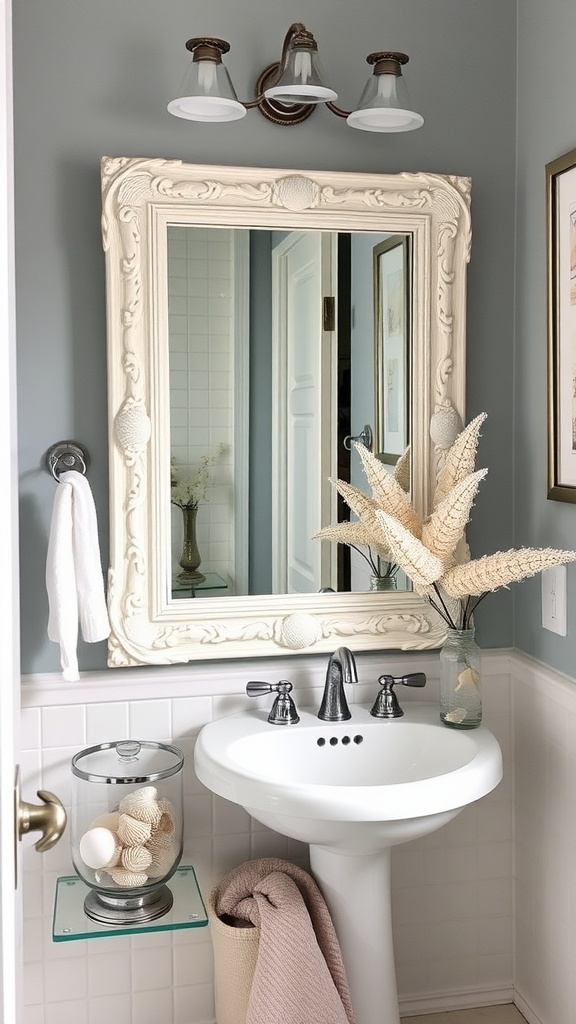 A coastal chic bathroom featuring a seashell-themed mirror and decorated sink.