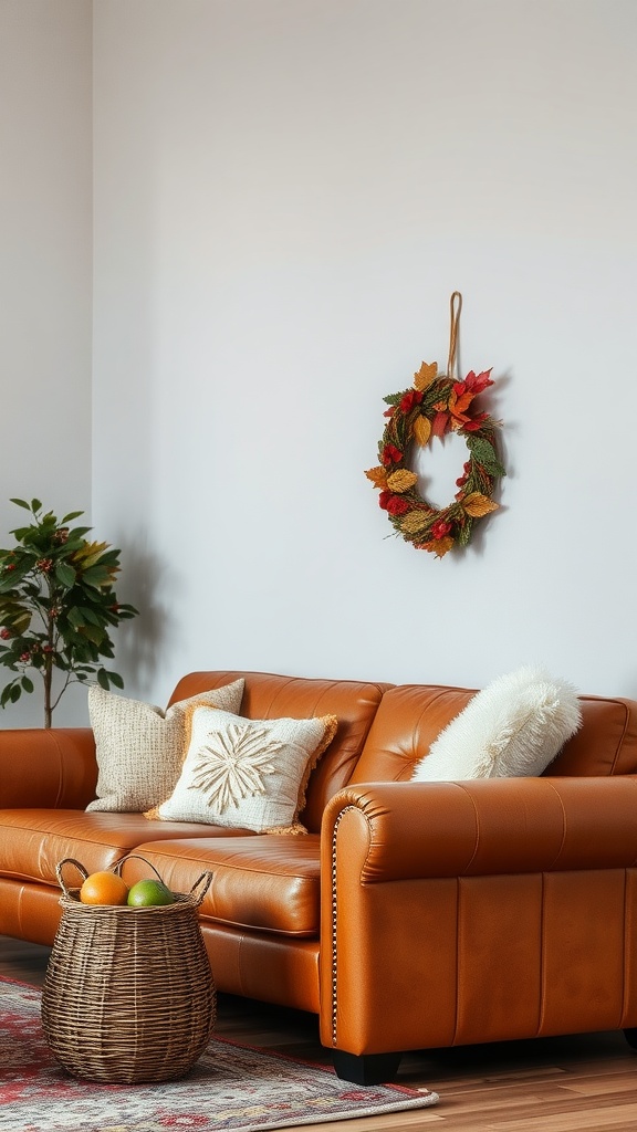 A cozy living room featuring a brown leather couch with pillows, a woven basket of fruits, and a seasonal wreath on the wall.