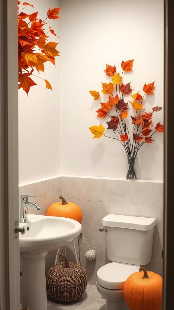 A cozy bathroom with autumn decor featuring orange leaves and pumpkins.