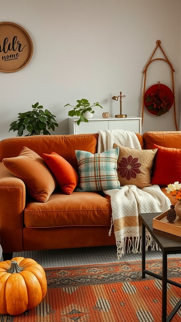 Cozy living room featuring a brown couch with seasonal decor, including pillows, a pumpkin, and a blanket.
