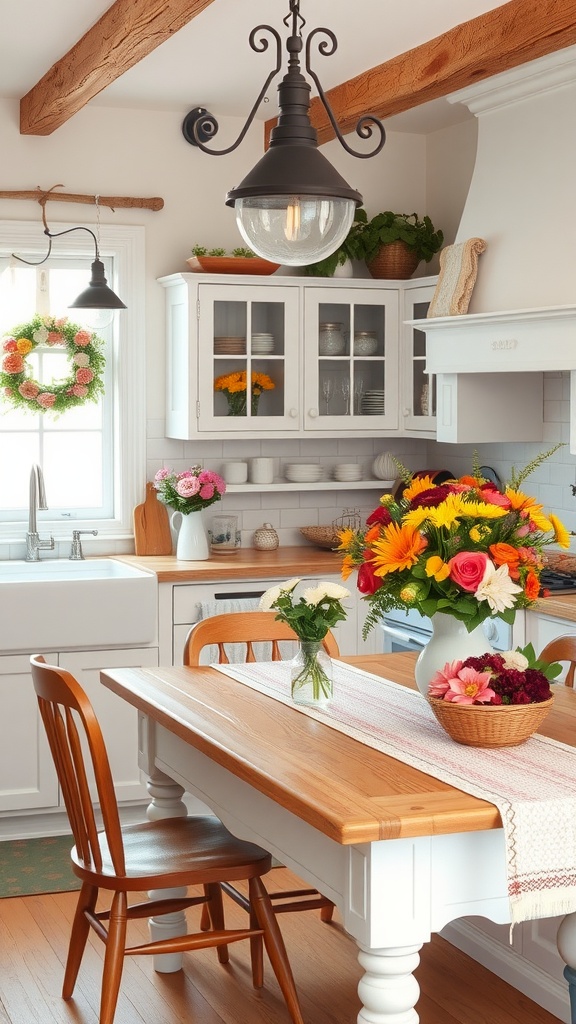 A country cottage kitchen with seasonal floral arrangements on display, including a large centerpiece of sunflowers and roses on a wooden table.