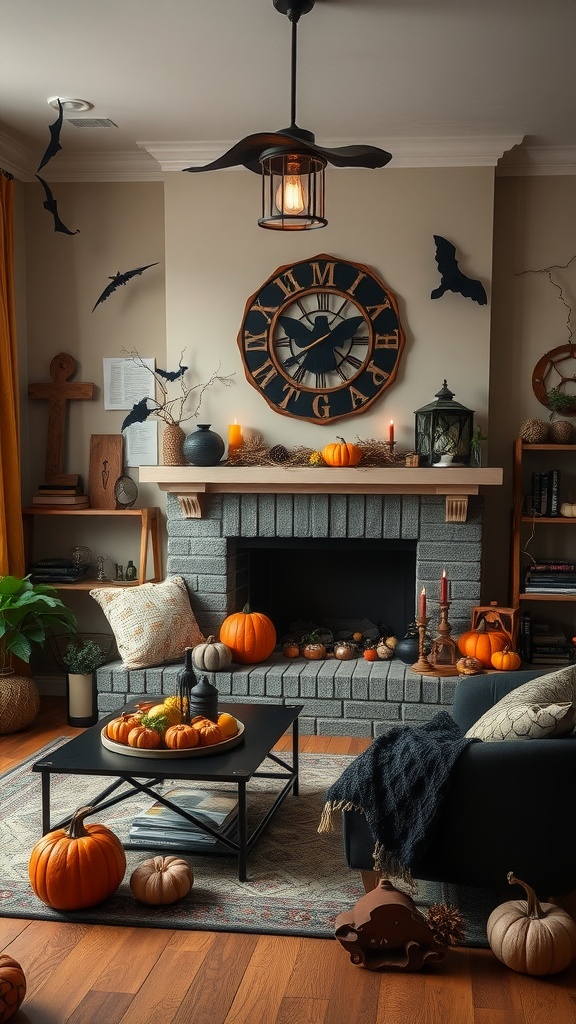 A witchy themed living room decorated with pumpkins, bats, and cozy furnishings.