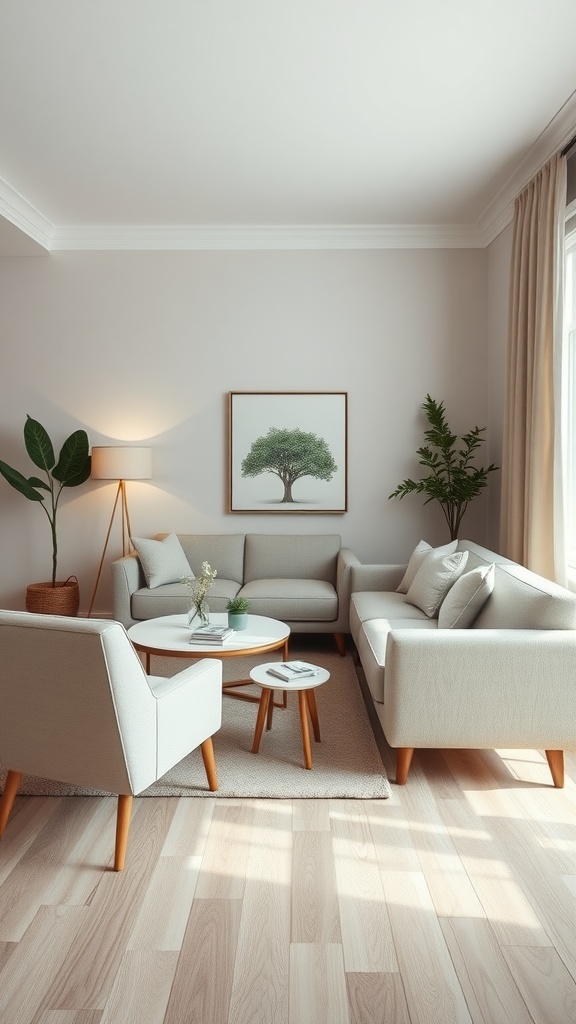 Cozy small living room with slim-profile furniture, featuring light sofas, accent chairs, and plants for decor.