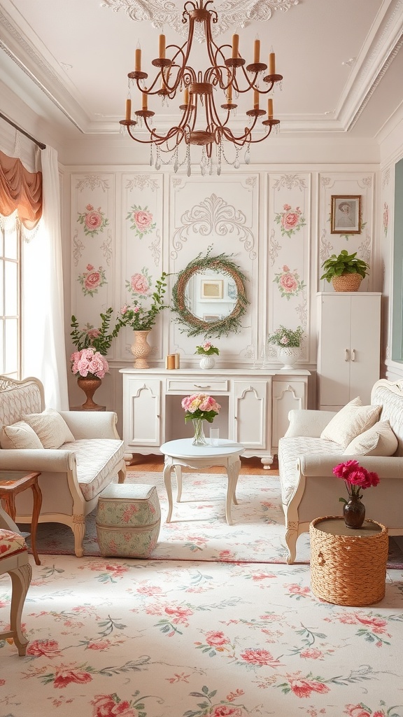 A beautifully decorated shabby chic living room featuring floral patterns, vintage furniture, and elegant chandelier.