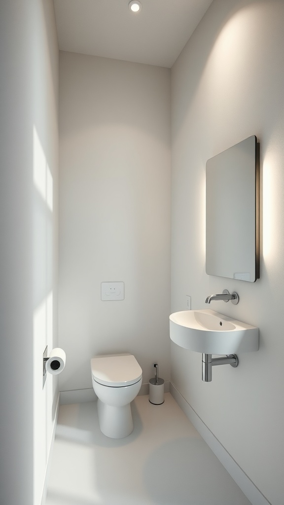 Modern bathroom with shadow box wall lights illuminating a mirror and sink area.