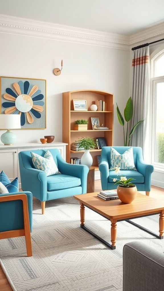 A living room featuring two sky blue accent chairs with decorative pillows, a wooden coffee table, and a warm, inviting atmosphere.