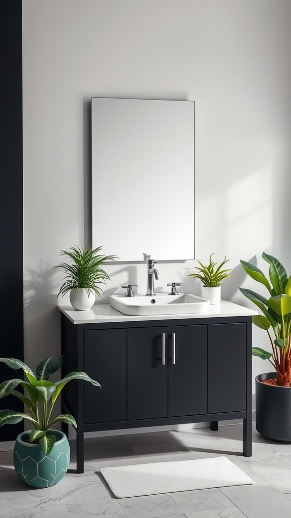 A sleek black bathroom vanity with a modern design, accompanied by green plants and a large mirror.