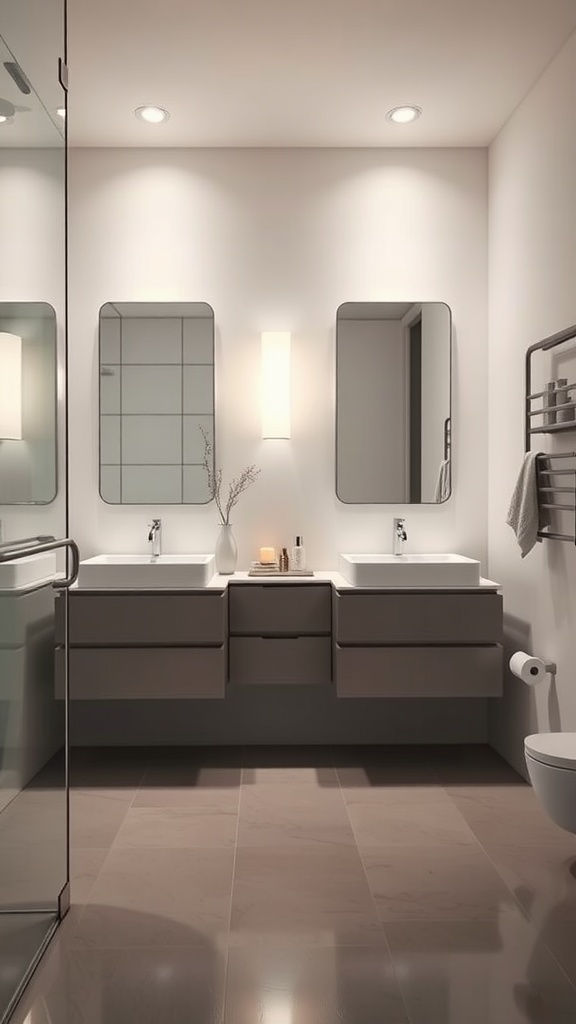 A modern bathroom featuring a sleek floating vanity with two sinks and mirrors.