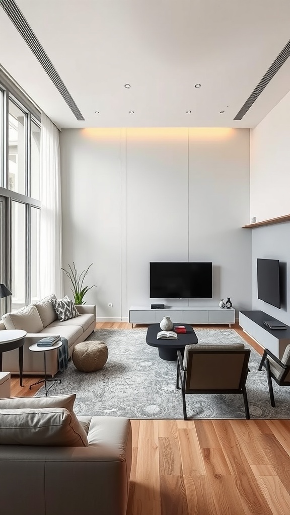 Modern living room with sleek lines and contemporary design featuring neutral colors and stylish furniture.