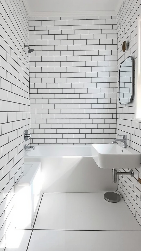 A modern bathroom featuring white subway tiles with bold black grout, minimalist fixtures, and a bright, clean aesthetic.