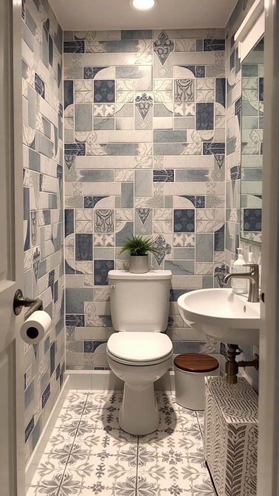 A small bathroom featuring a mix of blue and white patterned tiles on the walls and a floral design on the floor.