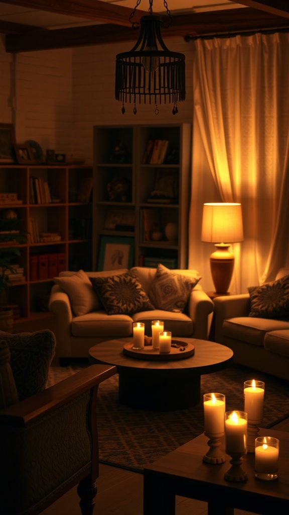 A cozy living room with soft ambient lighting from a chandelier and candles.