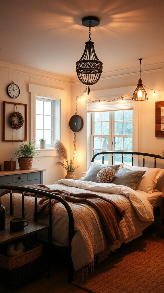 Cozy boho farmhouse bedroom with soft lighting and unique light fixtures