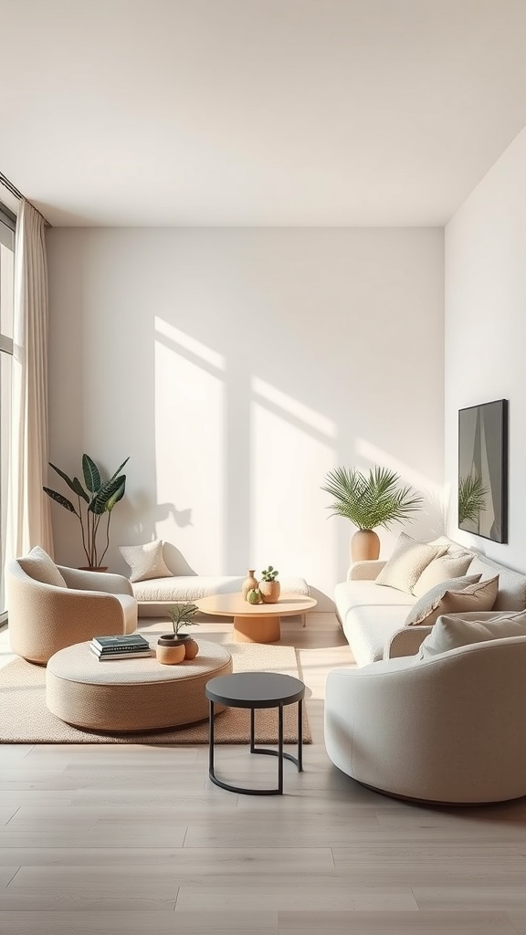 A neutral living room featuring soft lines and curved furniture, with plants and natural light.