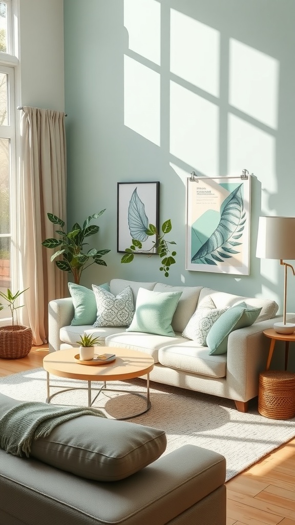 Living room with soft mint green walls, cushions, and natural light.