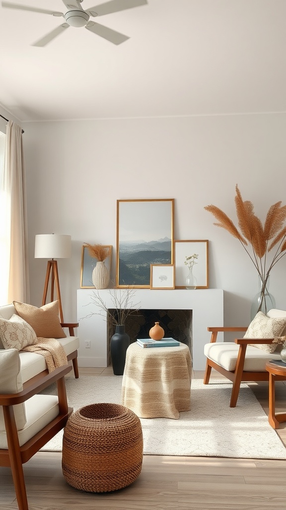 Living room with soft neutral palettes, featuring cream and beige furniture and decorative accents.