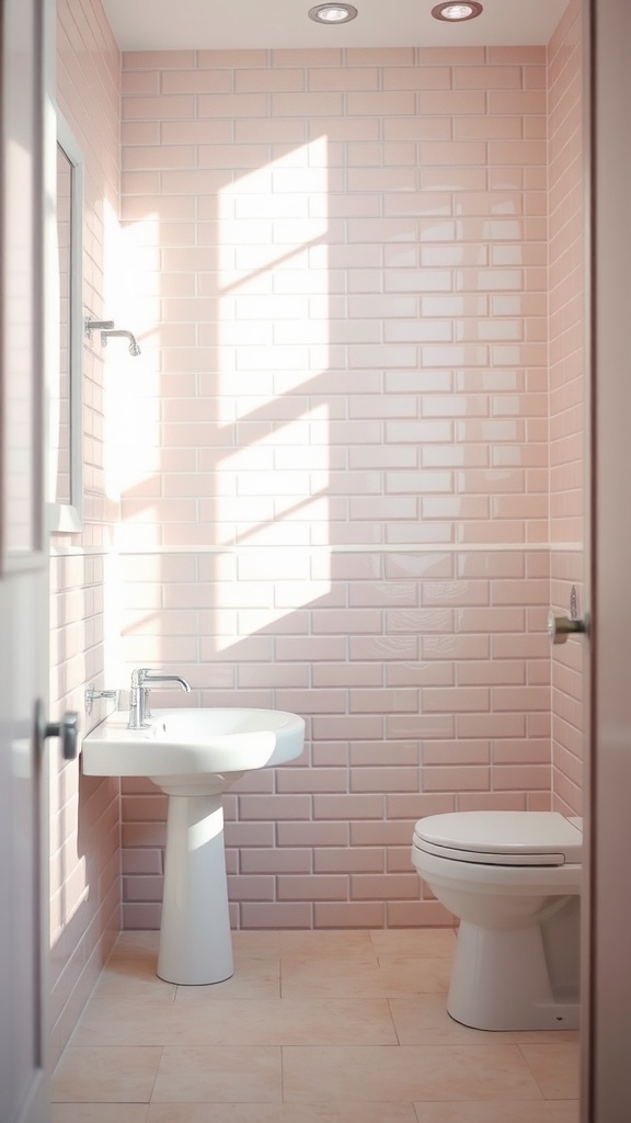 A bathroom featuring light pink pastel tiles on the walls, a modern sink, and a toilet, illuminated by natural light.