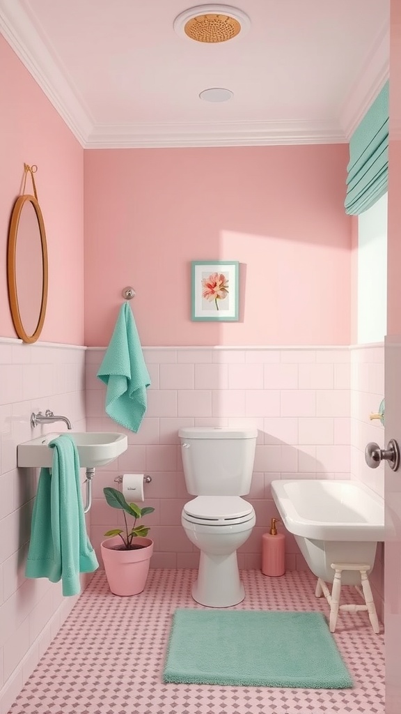 A bathroom featuring soft pink walls and mint green accents with floral decor.