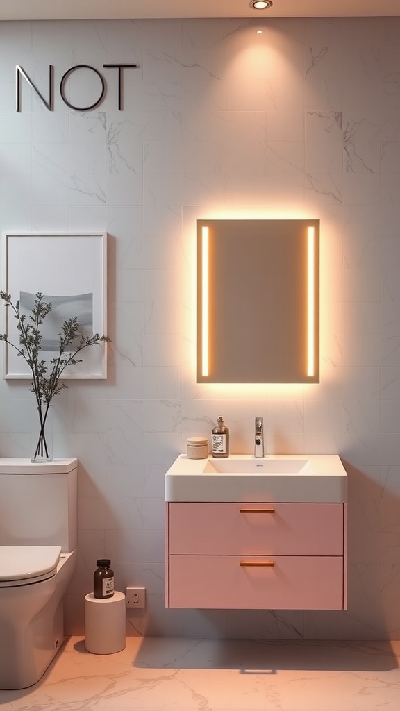 A soft pink vanity with a white countertop and warm lighting in a modern bathroom.