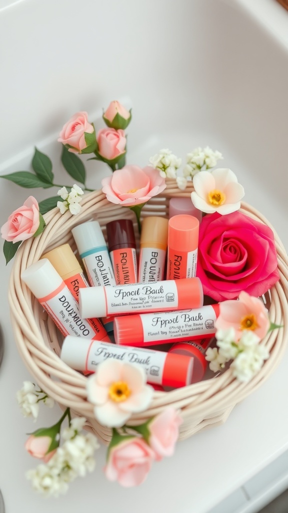 A basket of various lip balms adorned with flowers, perfect for a wedding bathroom basket.