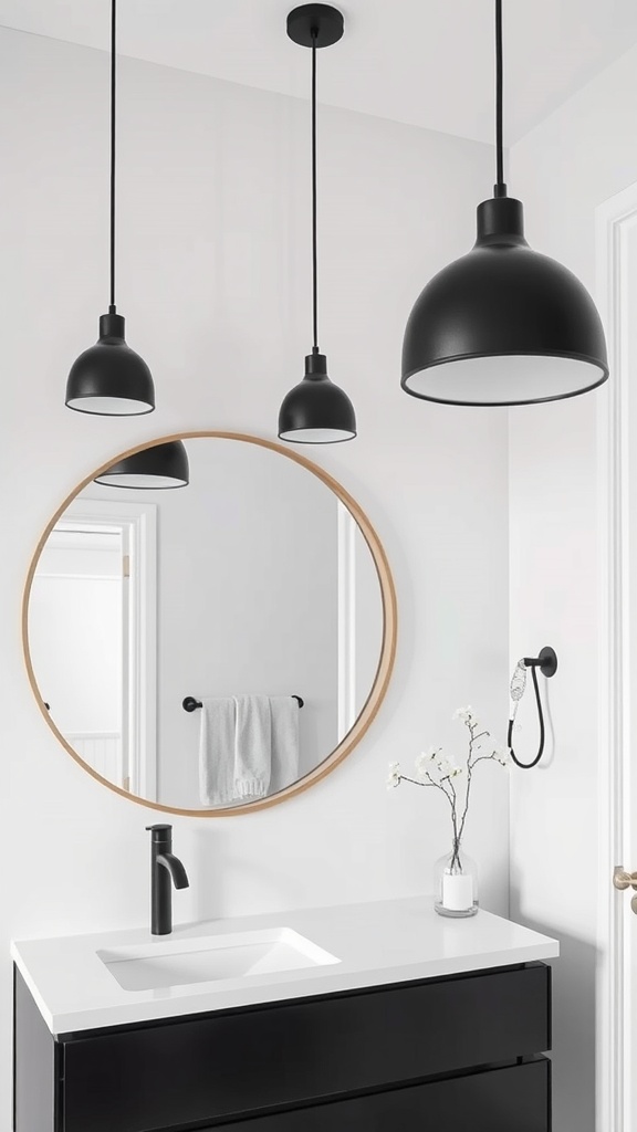 Modern bathroom with black pendant lights and a round mirror