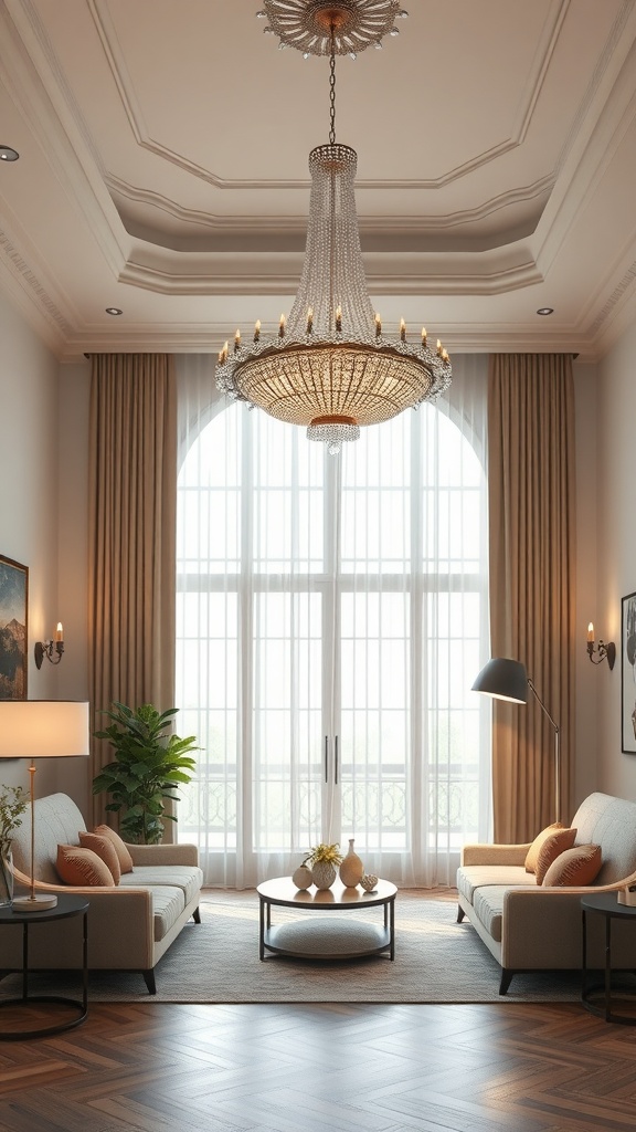 A sophisticated living room with a large chandelier, elegant furniture, and natural light from windows.