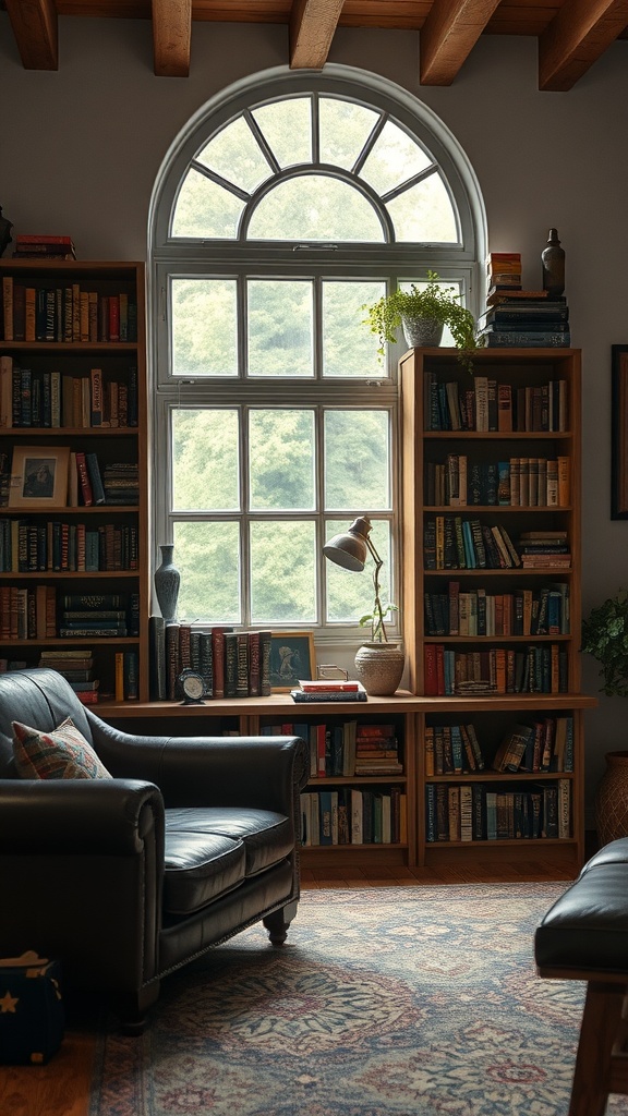 A cozy living room featuring wooden bookshelves filled with books, a comfortable chair, and a large window letting in natural light.