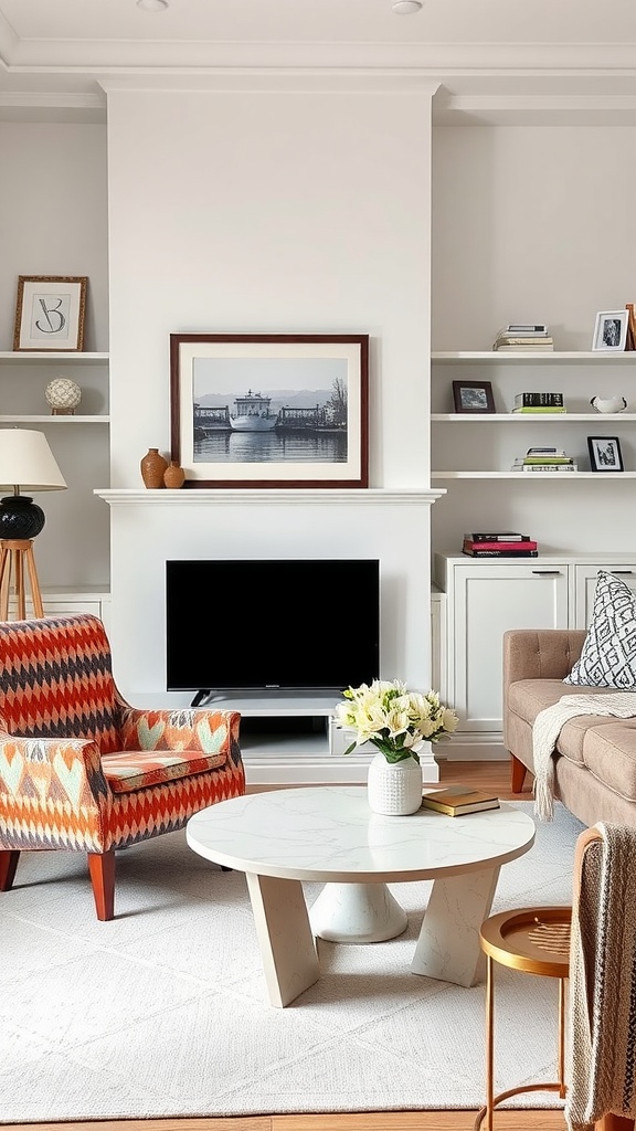 A stylish living room featuring a colorful patterned chair, a modern coffee table, and a cozy sofa.
