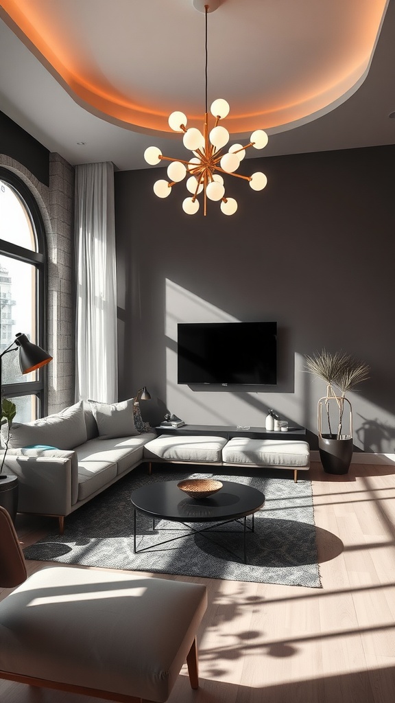 A stylish boho modern living room with a unique chandelier and cozy furnishings.