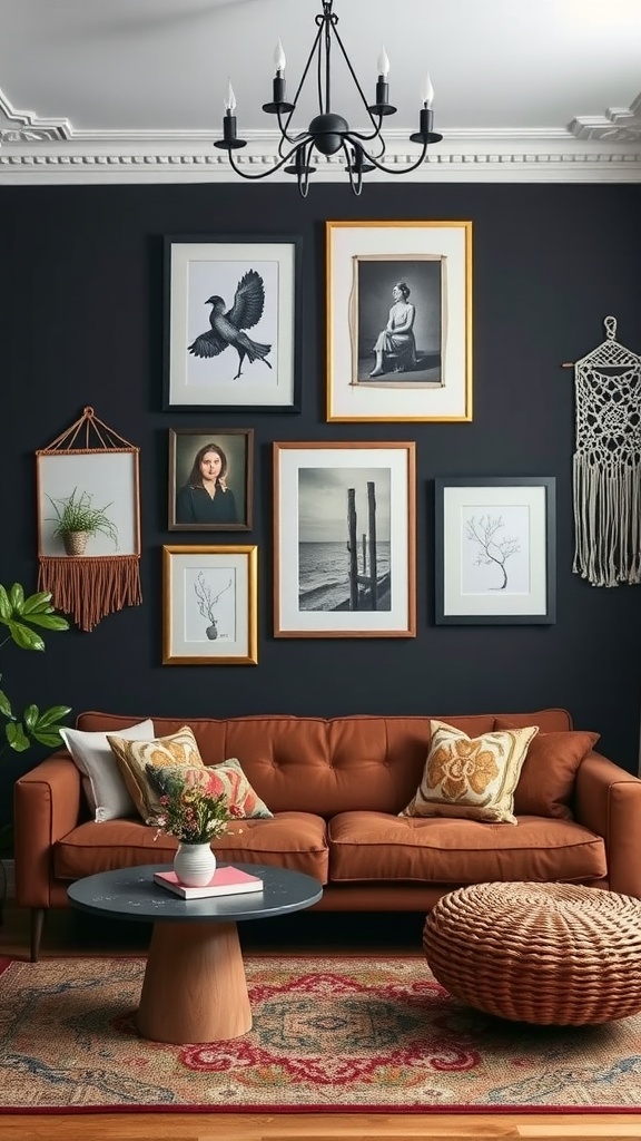 A stylish living room featuring a dark wall adorned with various framed artworks above a brown sofa and a circular pouf.