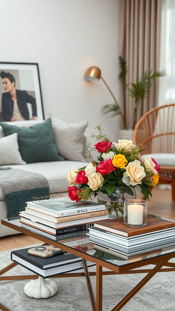 A stylish coffee table arrangement featuring stacked books, a vibrant floral arrangement, and a candle.