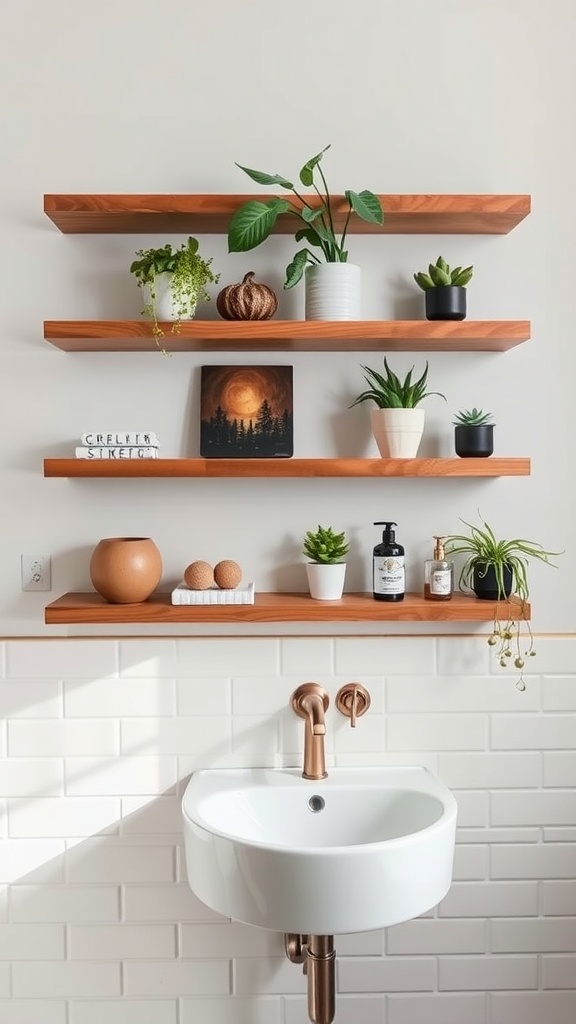 A bathroom with floating wooden shelves above a white sink, decorated with plants and small decorative items.