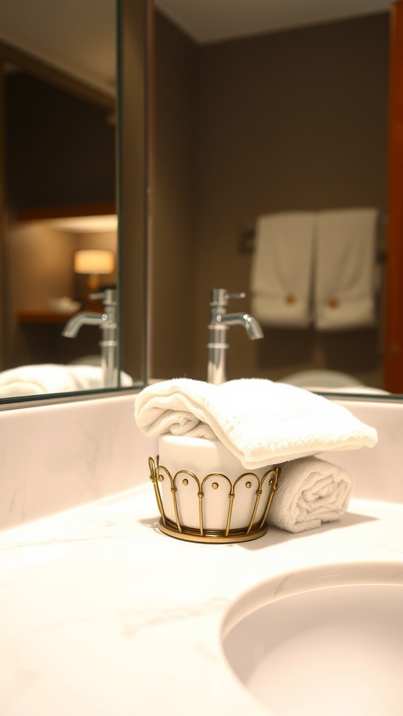 Stylish hand towel holder with rolled towels on a bathroom counter