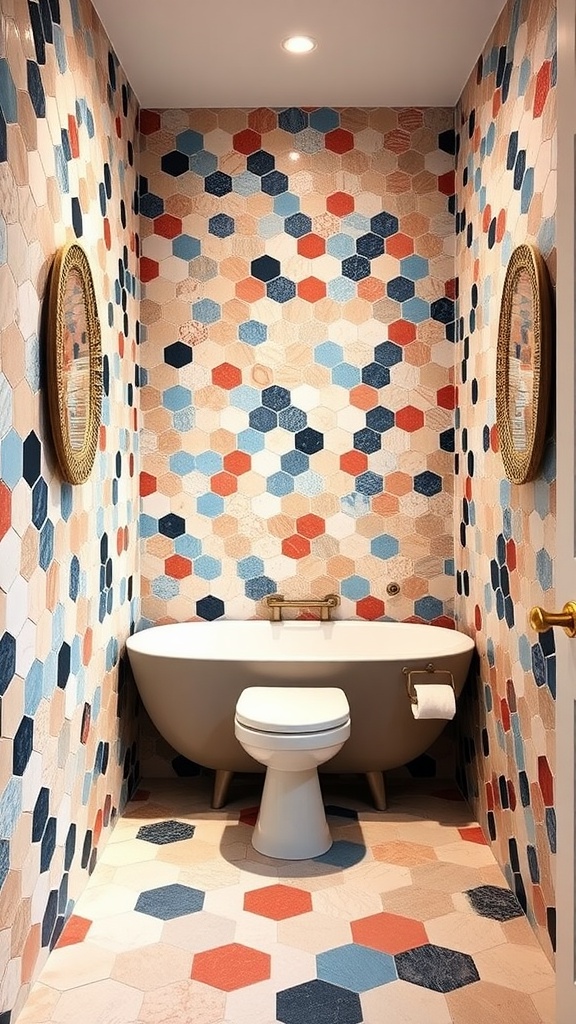 A bathroom featuring stylish hexagonal tiles in various colors, with a modern bathtub and toilet.