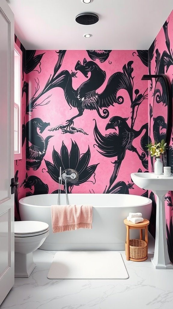 Stylish pink and black wallpaper in a modern bathroom with a bathtub and sink.