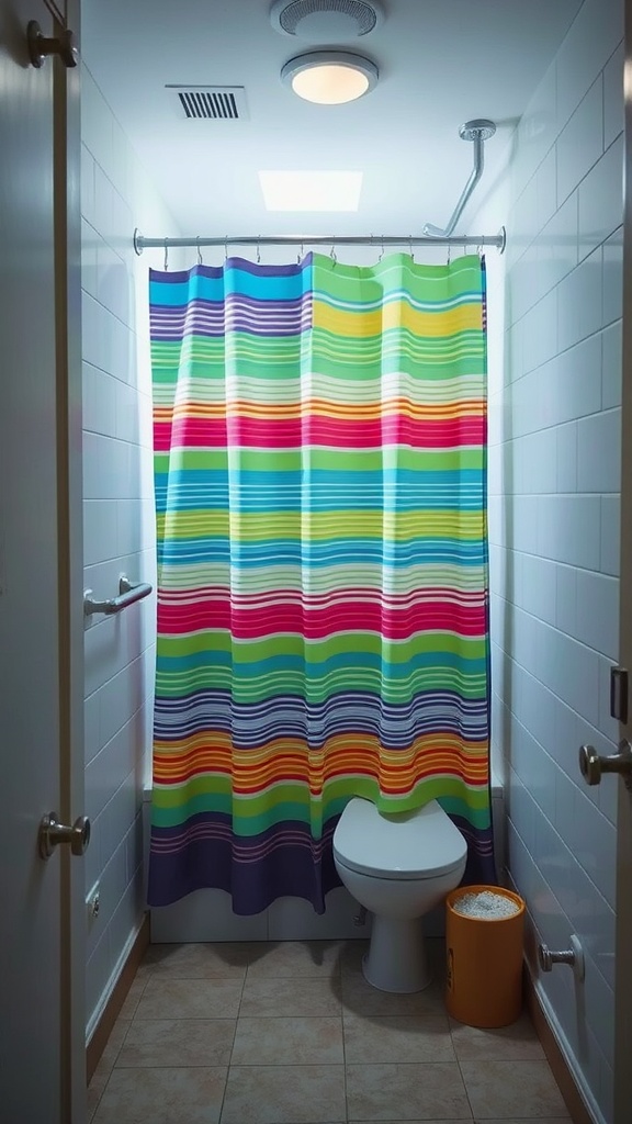 Colorful striped shower curtain in a small bathroom setting.