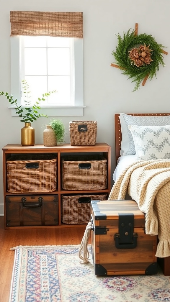 Stylish storage solutions in a boho farmhouse bedroom with wooden shelving, woven baskets, and a vintage trunk.