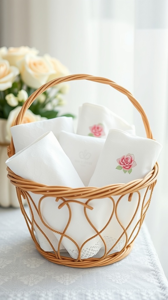 A wicker basket filled with stylish white hand towels with rose designs, next to a bouquet of flowers.