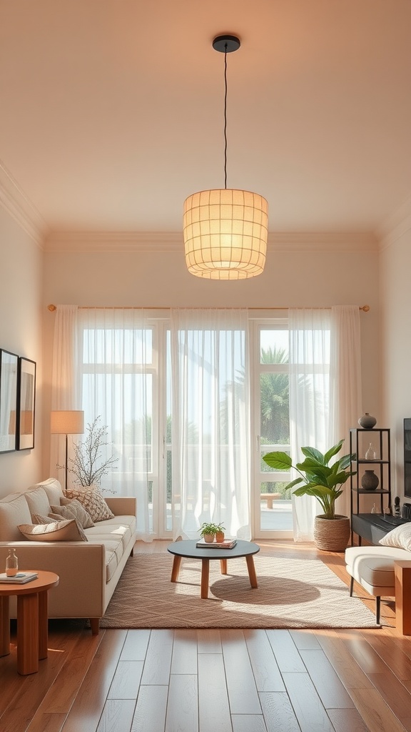 A pastel living room featuring a woven pendant light, soft furniture, and natural decor.