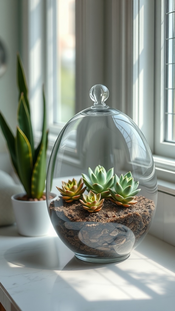 A succulent terrarium displayed on a bathroom counter with sunlight filtering through.