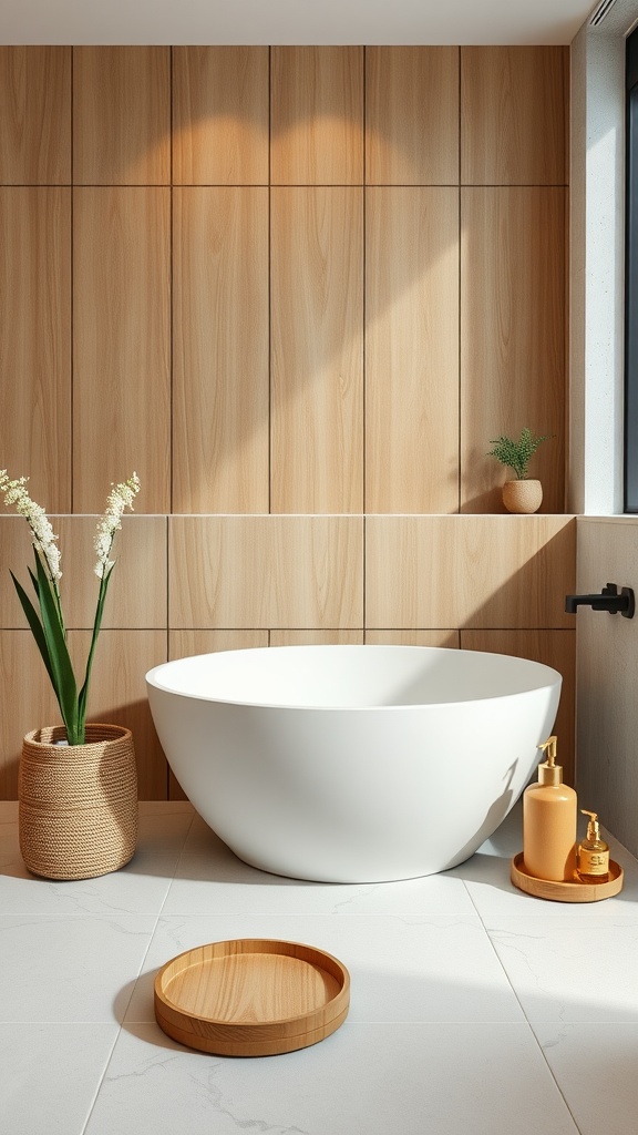 A modern bathroom with a white bathtub and bamboo accessories, including a tray and plant pot.