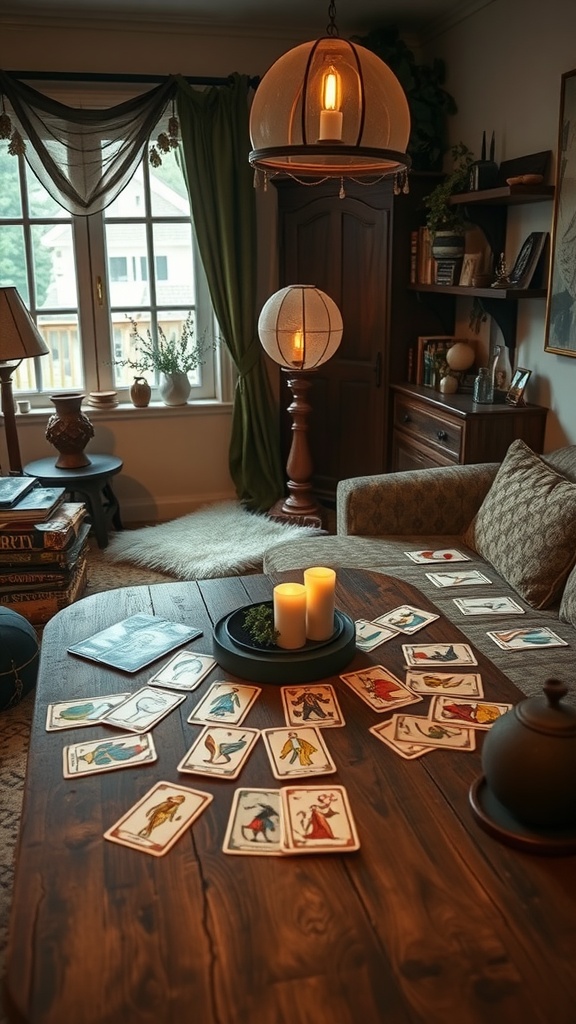 A cozy living room with a wooden table covered in tarot cards, candles, and a vintage teapot, creating an inviting atmosphere for divination.