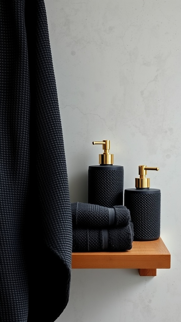 Textured black towels and accessories on a wooden shelf.