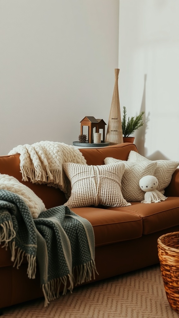 A cozy brown couch with various textured pillows and throws, creating a warm and inviting living room atmosphere.