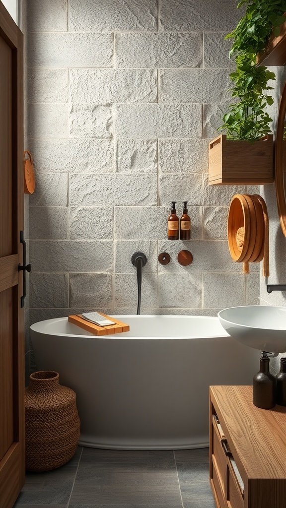 A bathroom featuring textured stone tiles on the wall, a white bathtub, wooden accents, and green plants.
