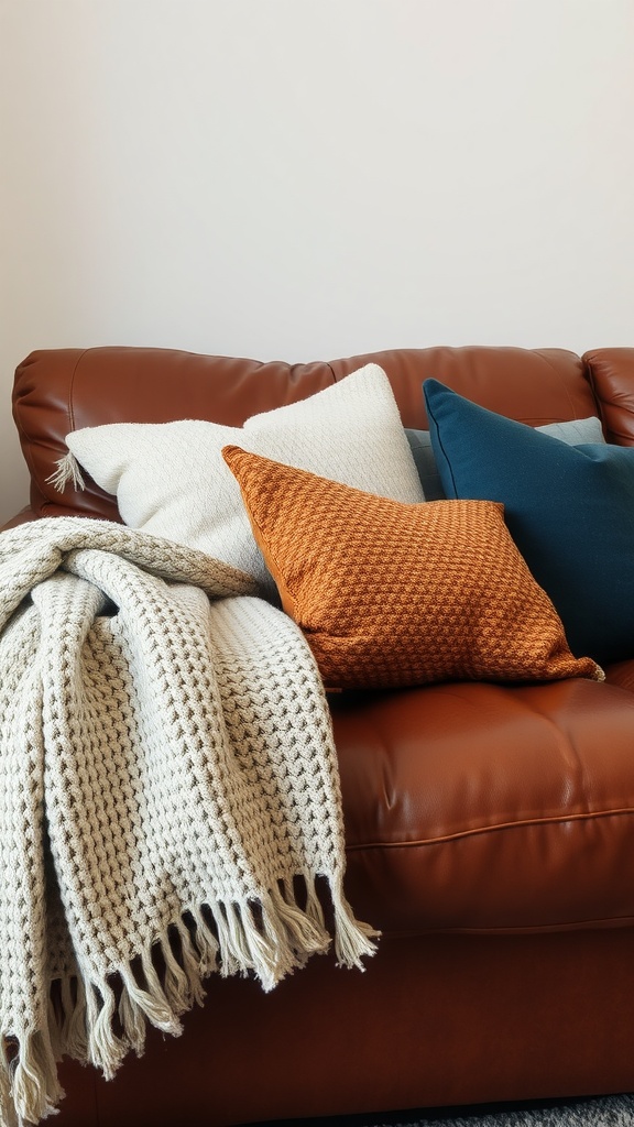 A cozy brown leather couch with textured throw pillows and a knitted blanket.