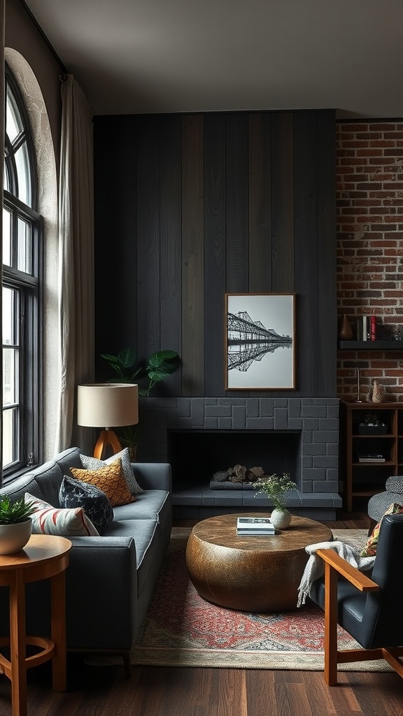 Dark boho living room featuring textured walls, wooden paneling, and a cozy atmosphere.