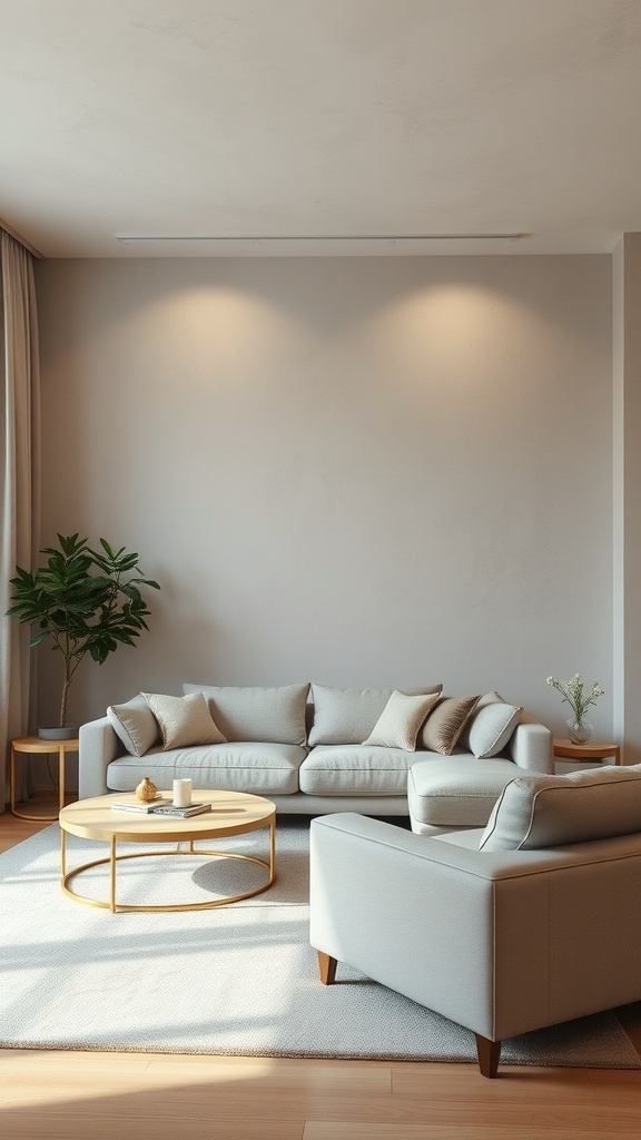 A serene living room with textured walls in neutral colors, featuring a light sofa, round coffee table, and indoor plants.